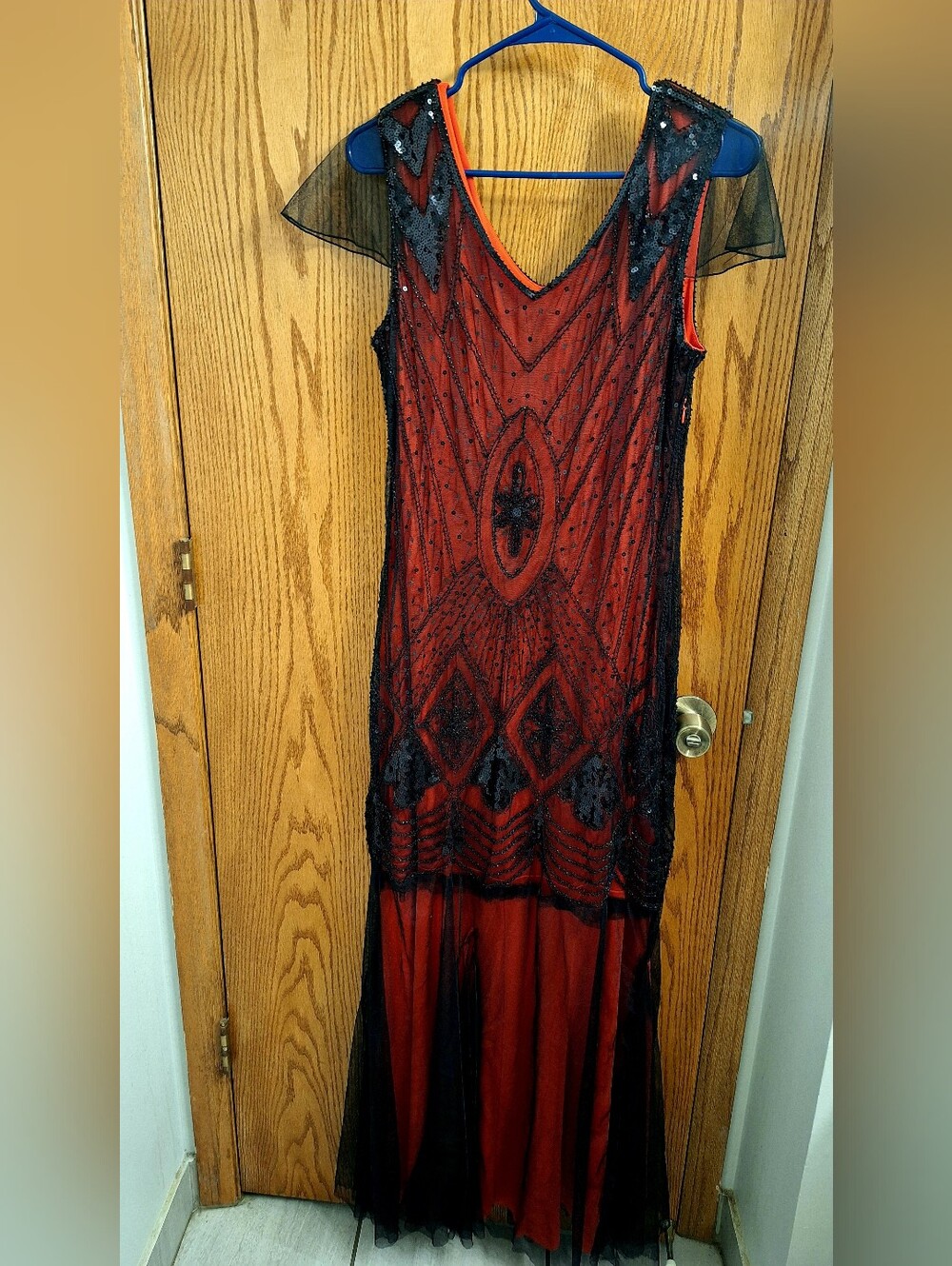 Vintage-Inspired Red & Black Beaded Evening Dress